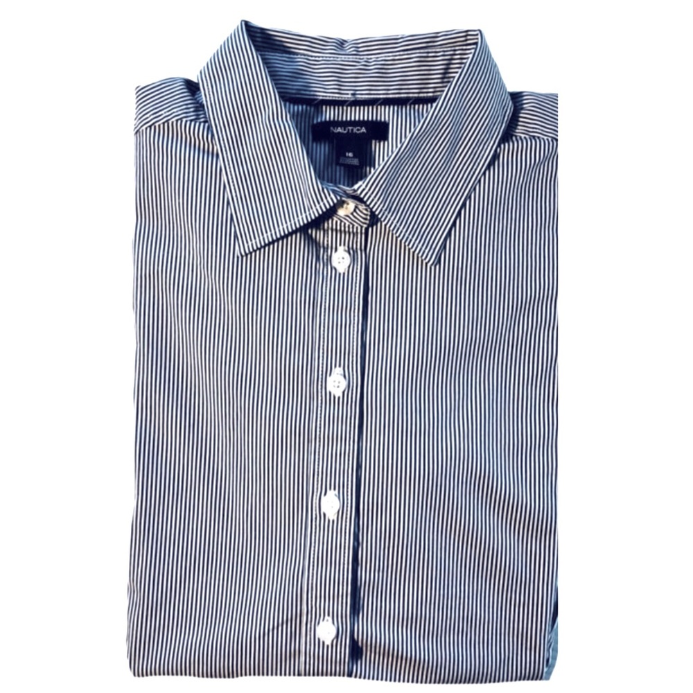 Nautica Boys Navy Pin Striped Button Up Long Sleeve Shirt Size 16